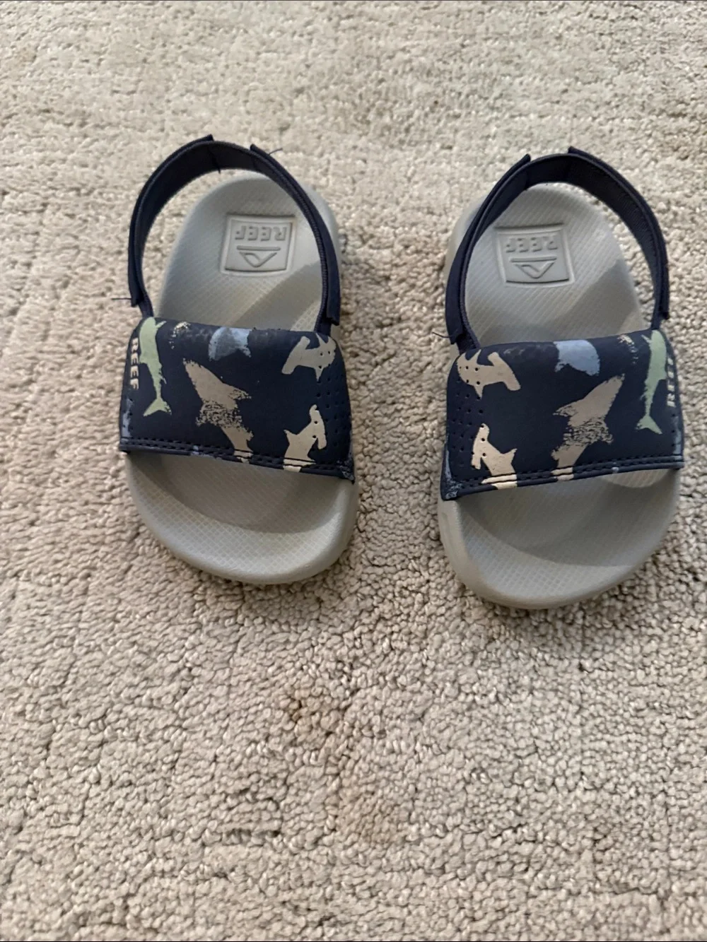 Reef Kids Navy Shark Print Strap Sandals with Light Gray Footbed